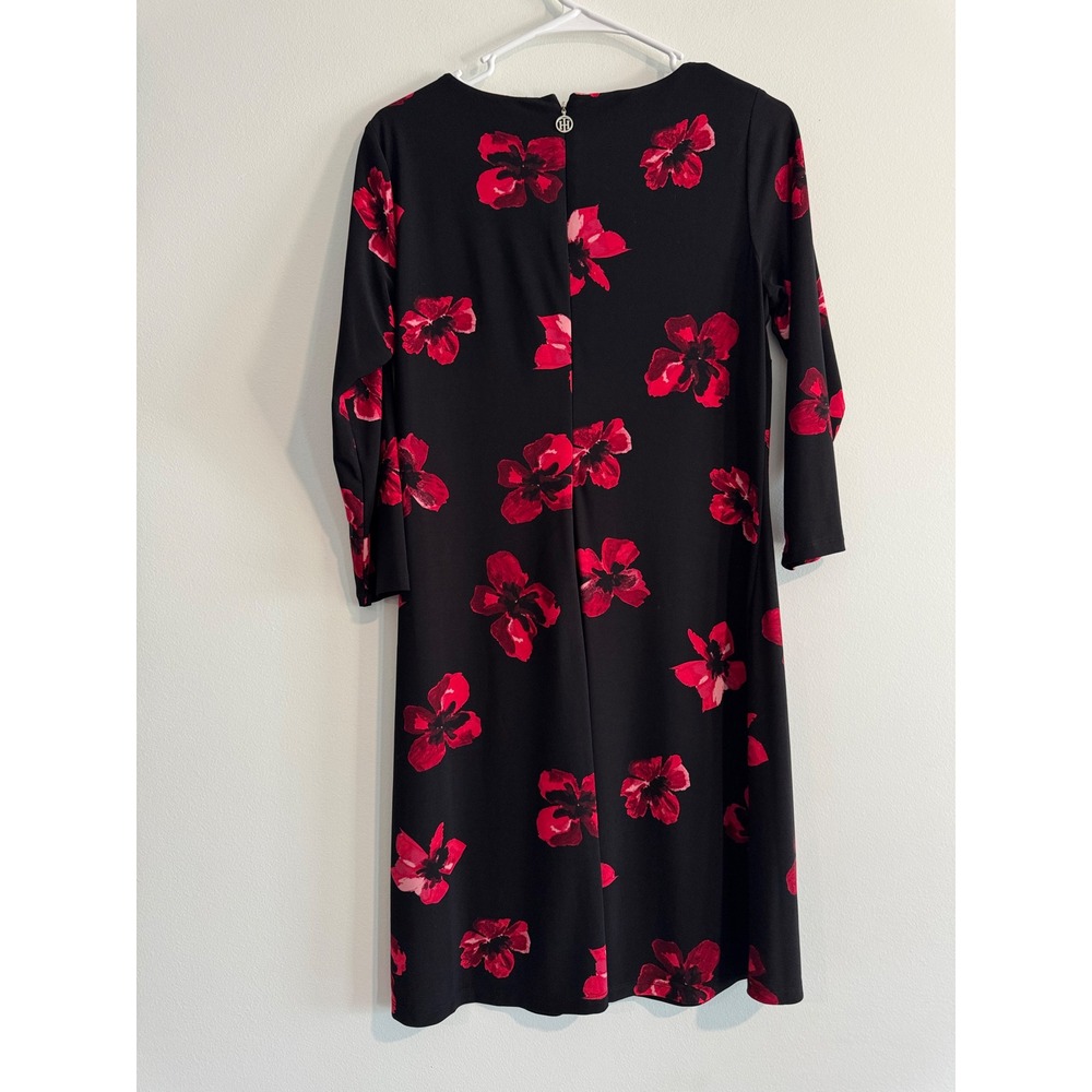 Tommy Hilfiger Floral Sheath Dress Womens Size 6 Black Red 3/4 Sleeve Poppy